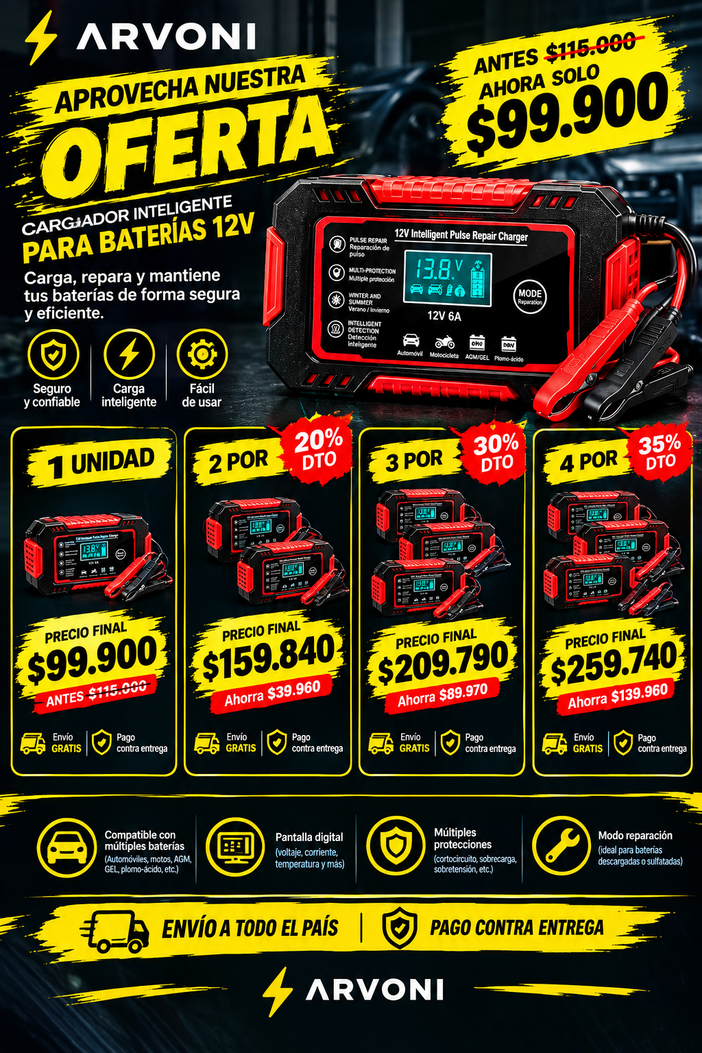 Cargador Bateria Carro Moto 12v Pantalla