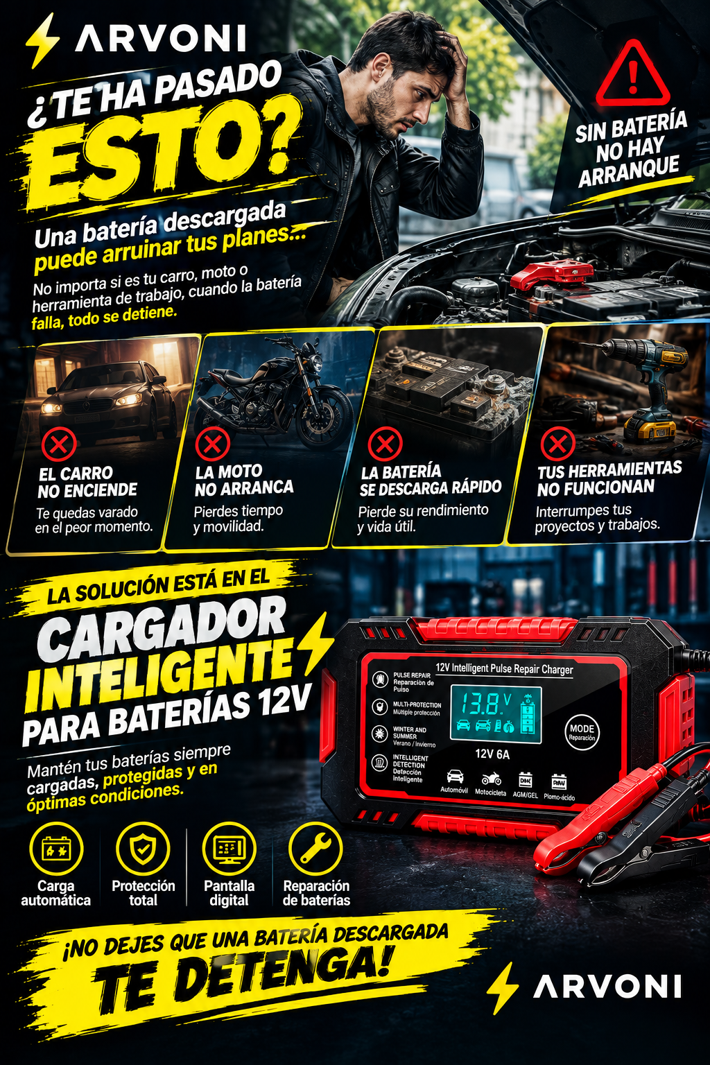 Cargador Bateria Carro Moto 12v Pantalla