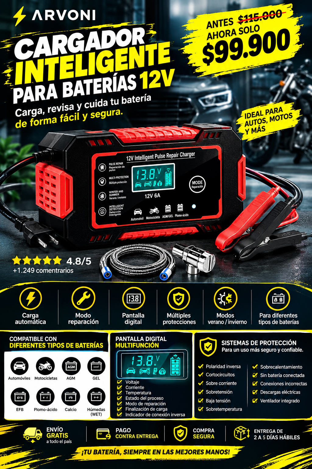 Cargador Bateria Carro Moto 12v Pantalla