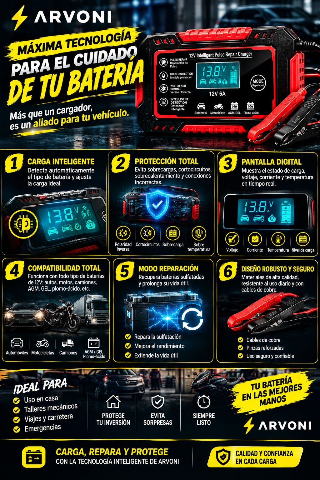 Cargador Bateria Carro Moto 12v Pantalla